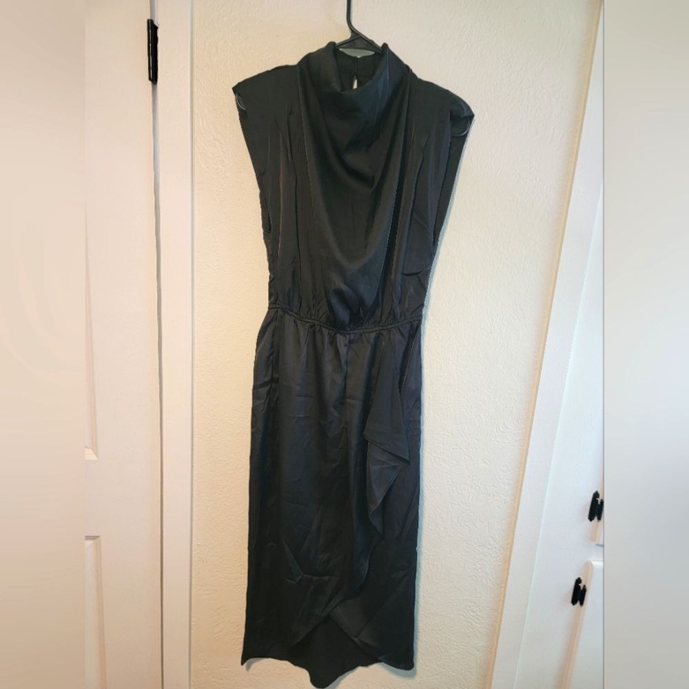 Entro Black Satin Draped Cowl Neck Midi Dress Small - Picture 1 of 7
